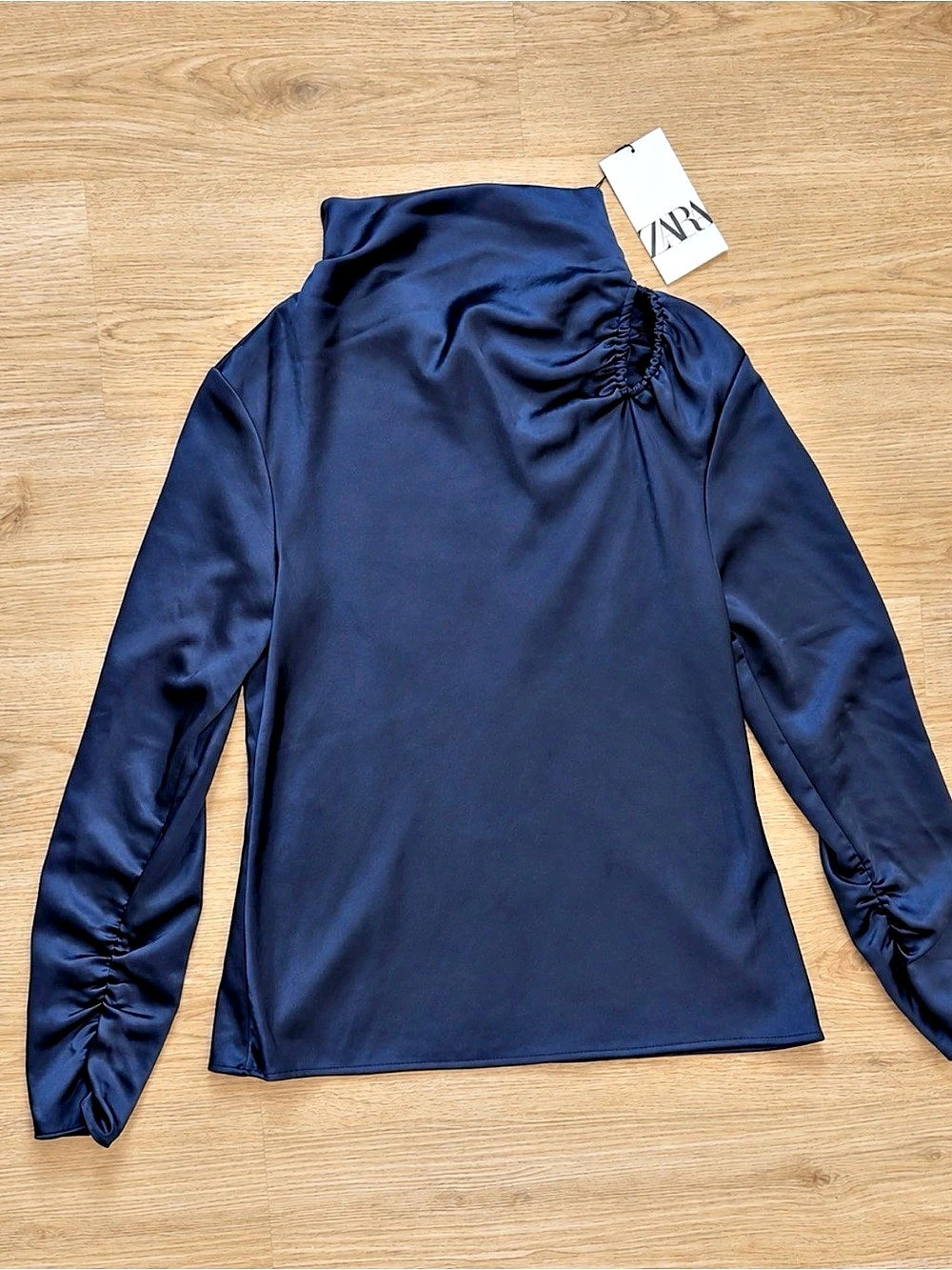 Zara Satin Cut Out Blouse Ruched Long Sleeve Blue Small NWT